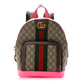 Gucci GG Supreme Monogram Textured Dollar Calfskin Web Small Ophidia Day Backpack Beige Ebony Fluorescent Fuchsia