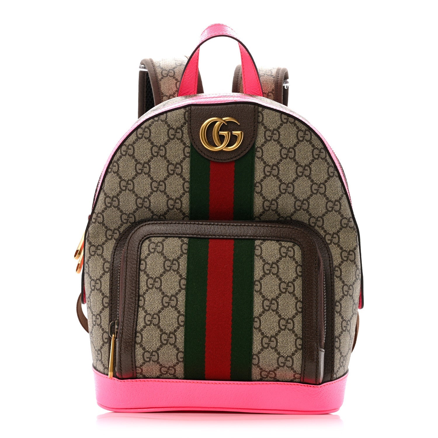 Gucci GG Supreme Monogram Textured Dollar Calfskin Web Small Ophidia Day Backpack Beige Ebony Fluorescent Fuchsia