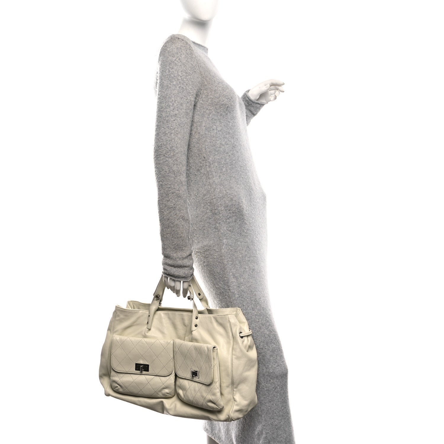 Chanel Glazed Caviar Reissue Double Pocket In the City Tote White