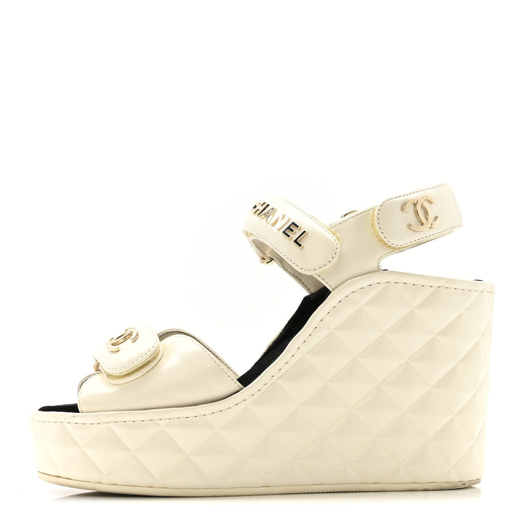 Chanel Shiny Calfskin Quilted Wedge Sandals 36 Ivory