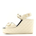 Chanel Shiny Calfskin Quilted Wedge Sandals 36 Ivory