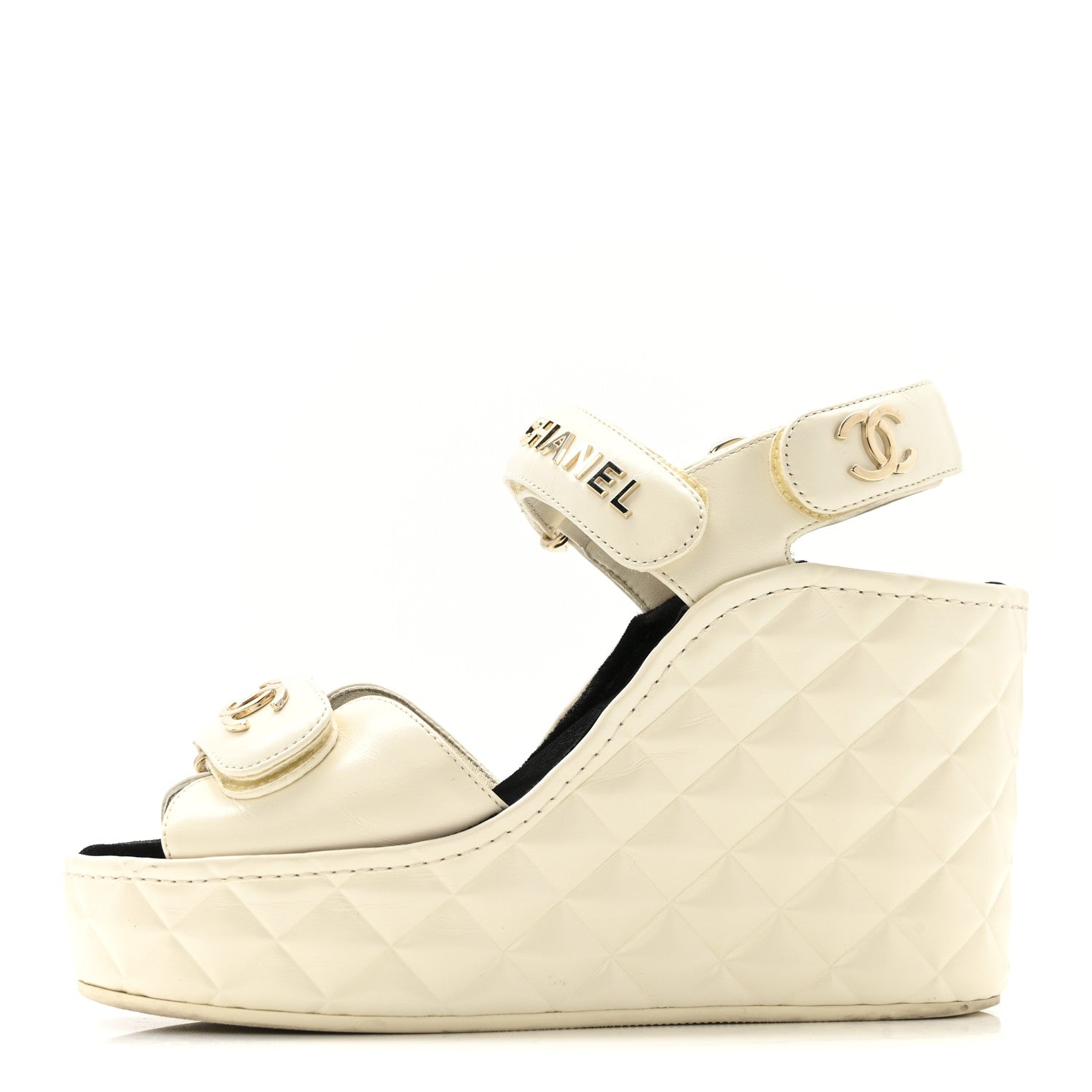 Chanel Shiny Calfskin Quilted Wedge Sandals 36 Ivory