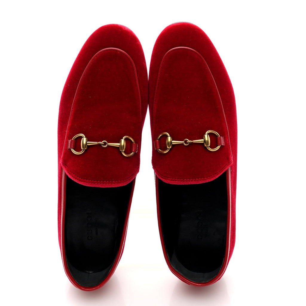 Gucci Velvet Horsebit Womens Jordaan Loafers 37 Hibiscus Red