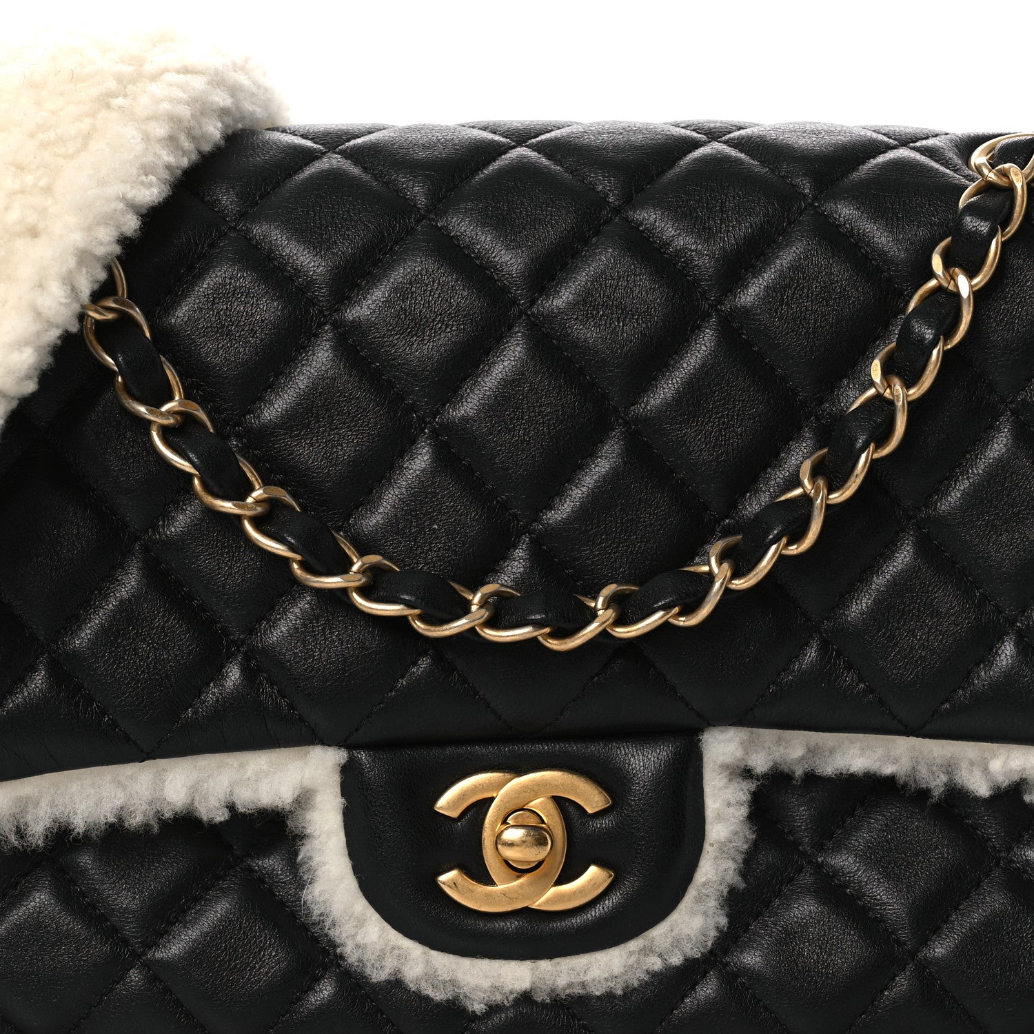 Chanel Lambskin Shearling Large CC Flap Bag Black White