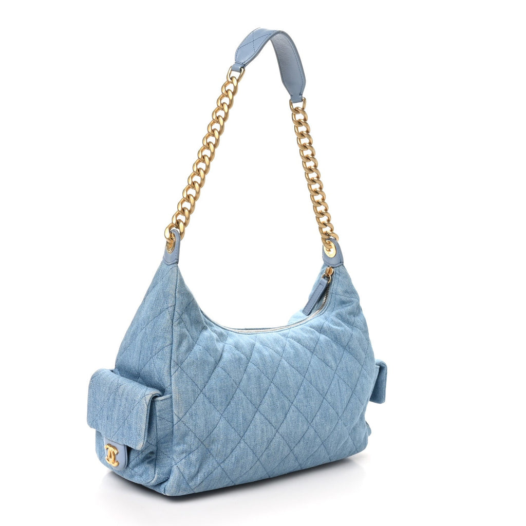 Chanel Washed Denim Quilted Large Trendy Pockets Hobo Blue