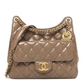 Chanel Shiny Crumpled Calfskin Quilted Wavy CC Hobo  Dark Beige