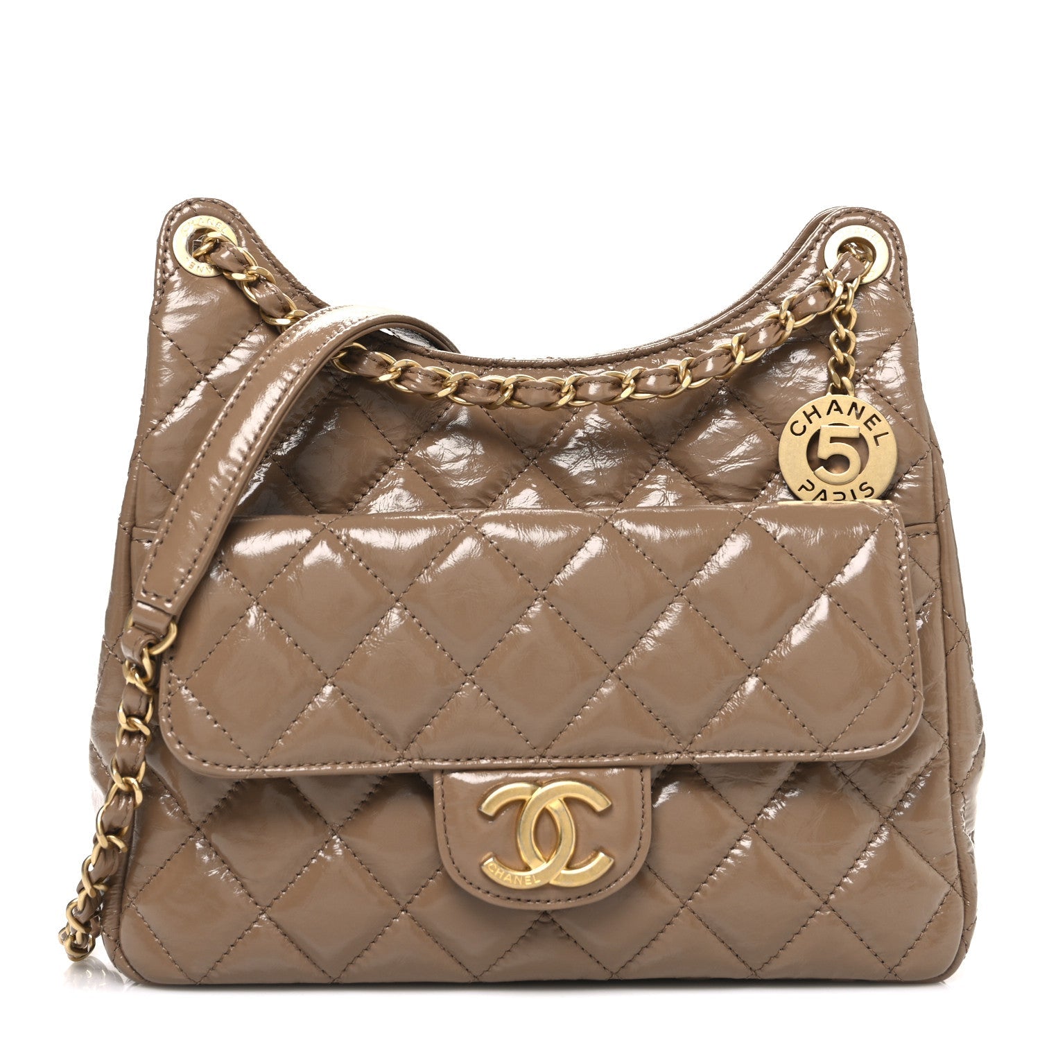 Chanel Shiny Crumpled Calfskin Quilted Wavy CC Hobo  Dark Beige