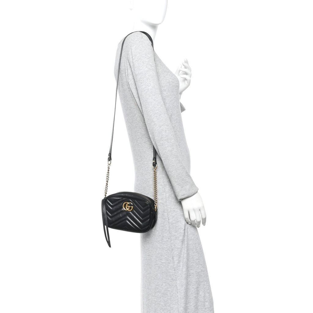 Gucci Calfskin Matelasse Mini GG Marmont Chain Shoulder Bag Black