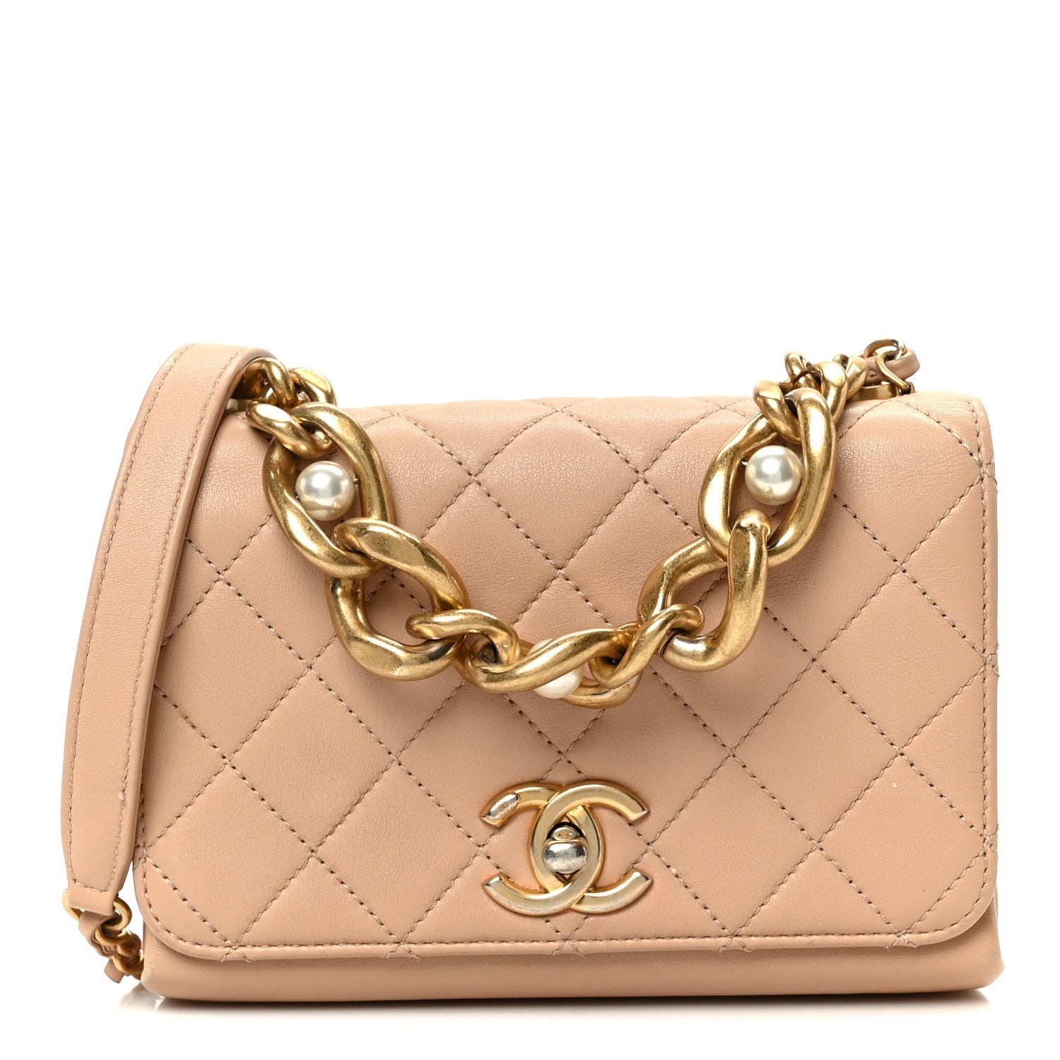 Chanel Calfskin Quilted Pearl Jewel Chain Flap Beige