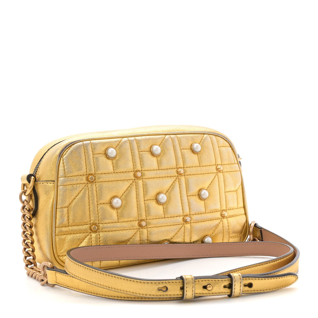 Gucci Metallic Calfskin Matelasse Studded Small Pearly GG Marmont Chain Shoulder Bag Gold