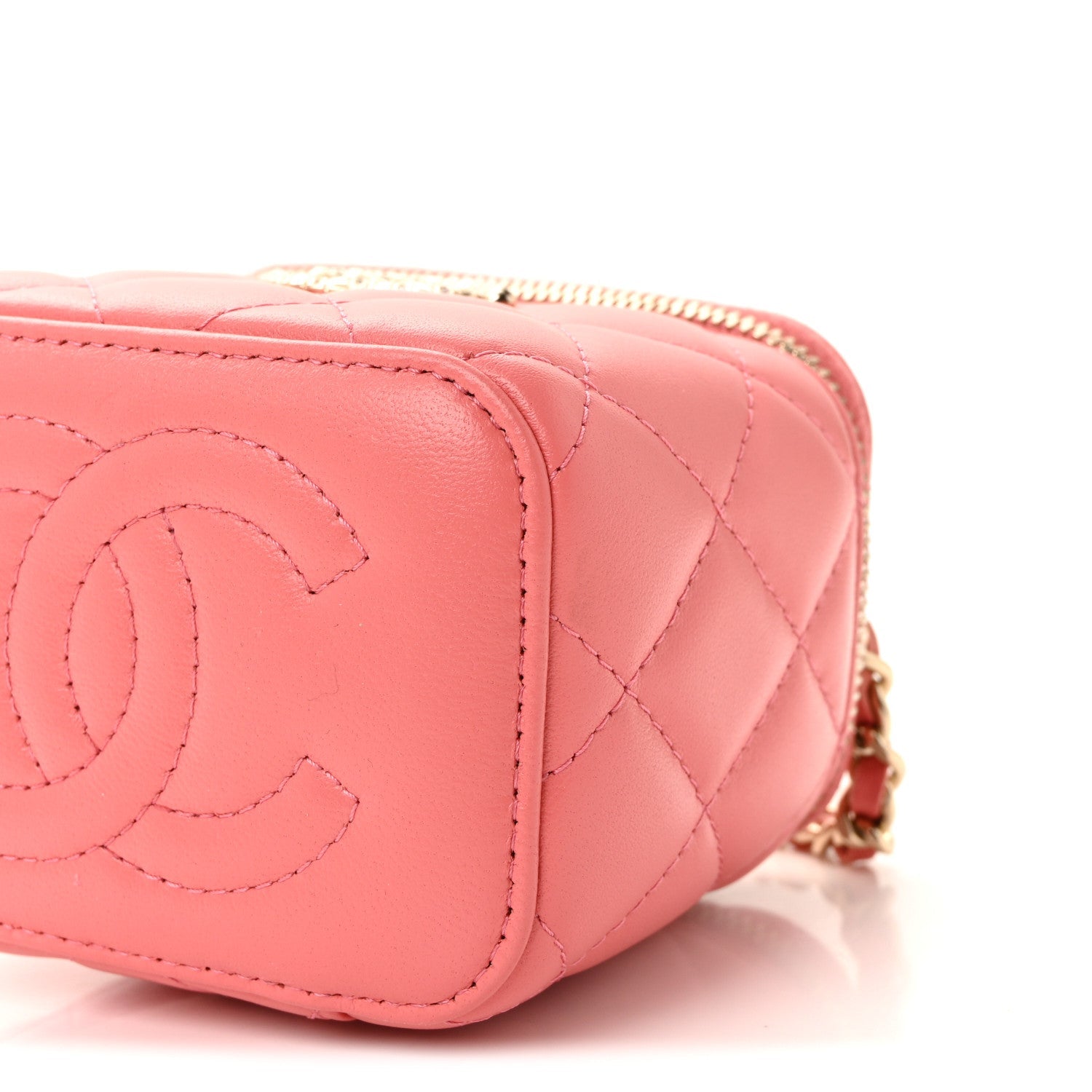 Chanel Lambskin Quilted Crystal Top Handle Mini Vanity Case With Chain Coral