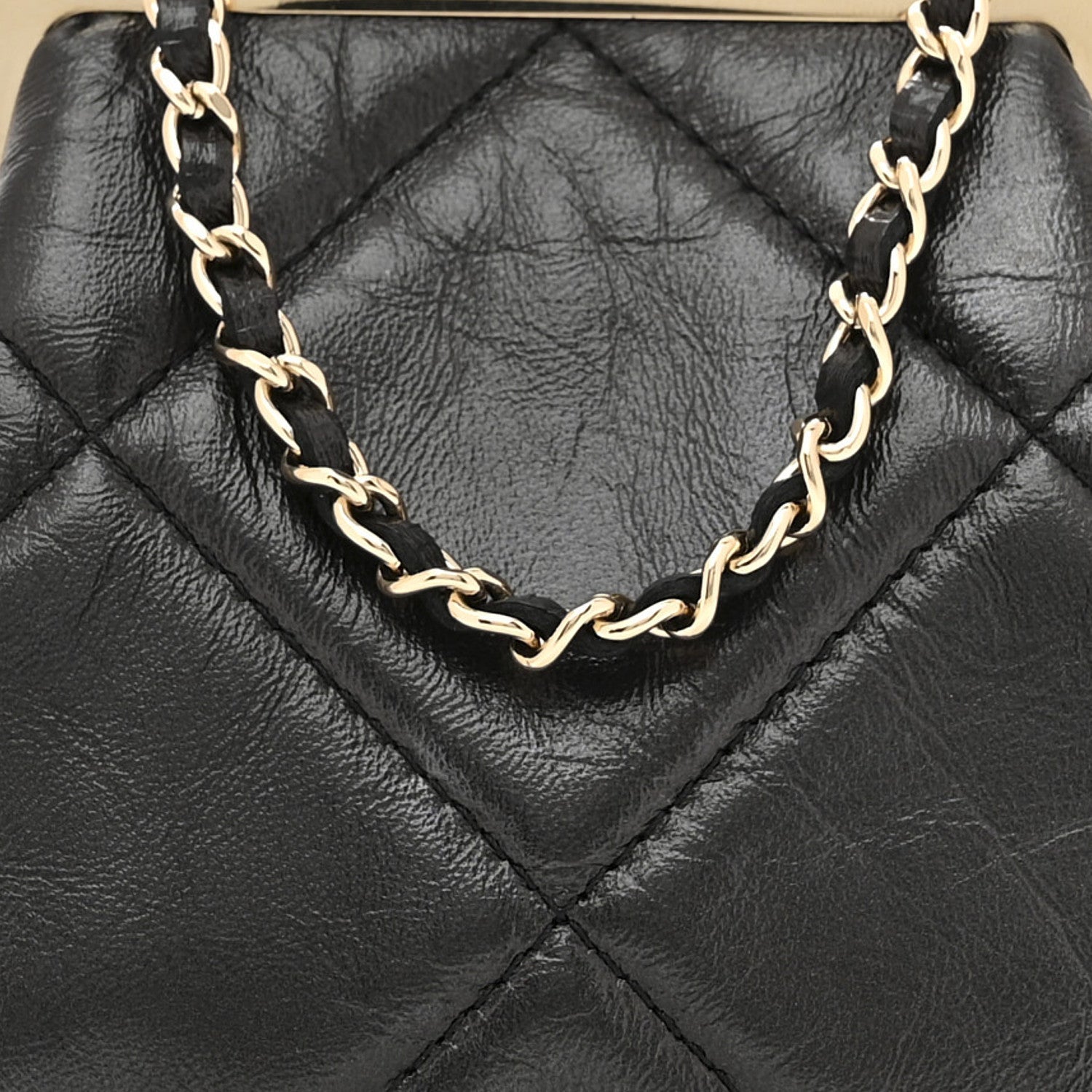 Chanel Shiny Aged Lambskin Quilted Kiss Lock Clutch With Chain Black
