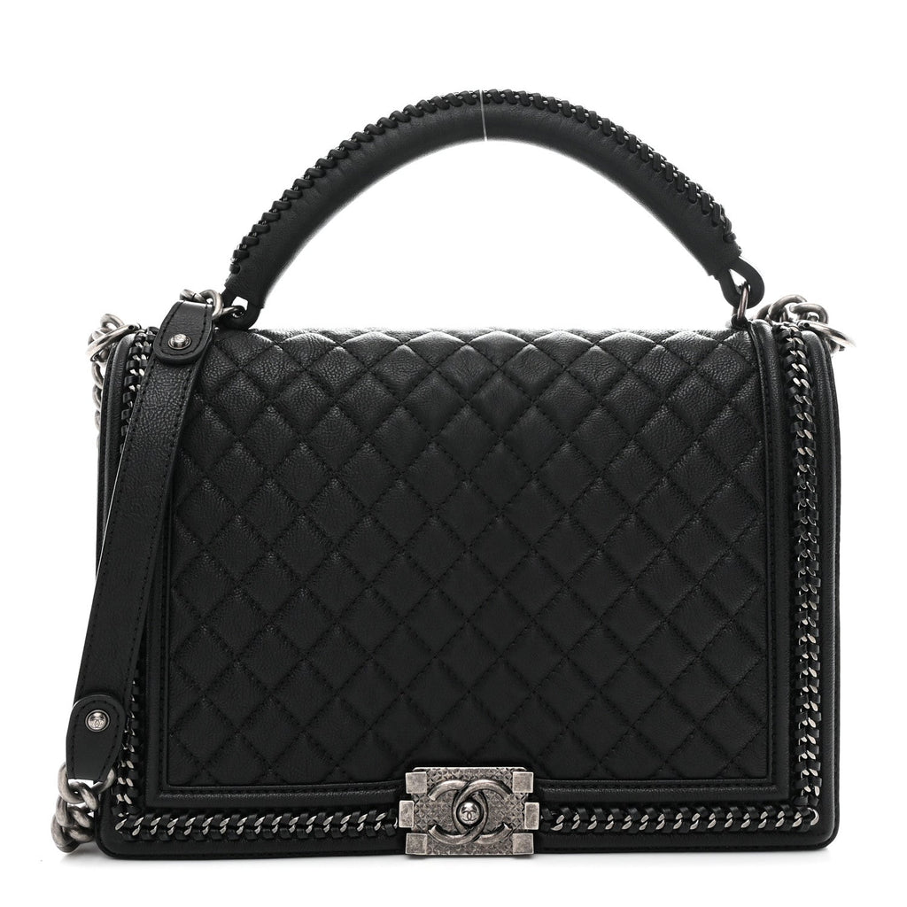 Calfskin Quilted Large Boy Top Handle Flap Black