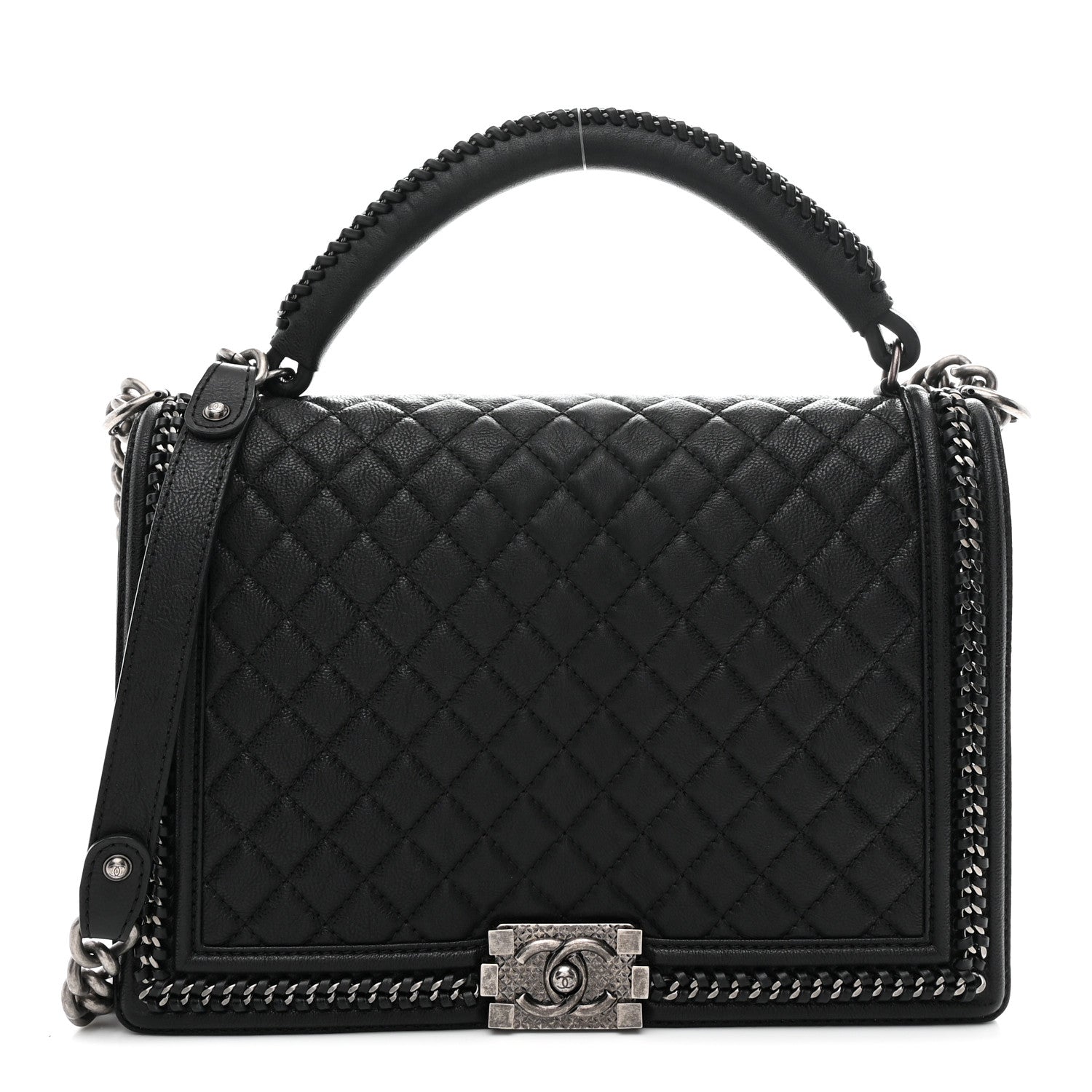Calfskin Quilted Large Boy Top Handle Flap Black