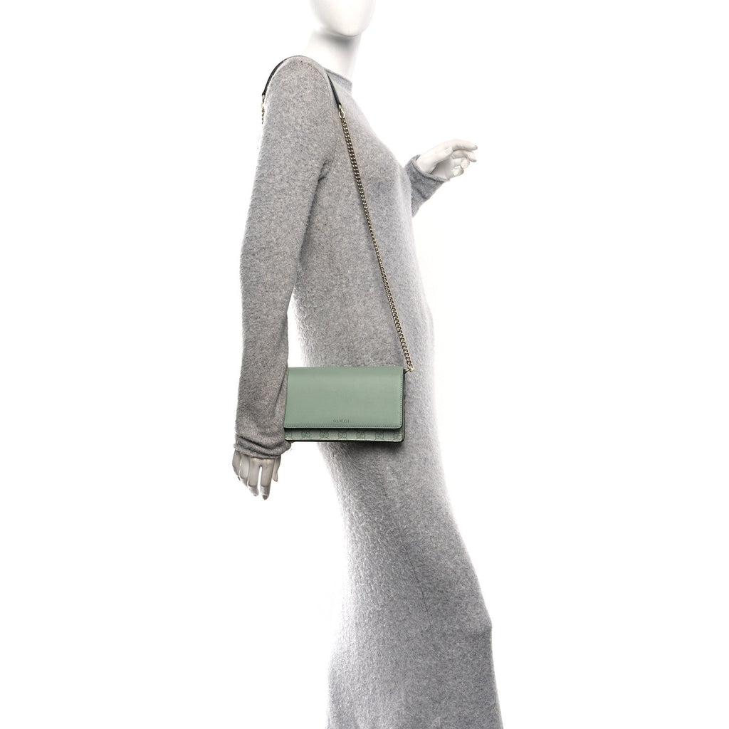 Gucci GG Supreme Monogram Textured Calfskin Emblem Wallet On Chain Sage Green