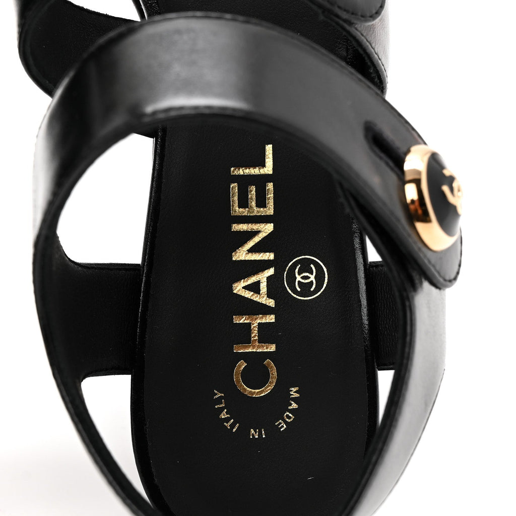 Chanel Shiny Calfskin CC Sandals 38.5 Black