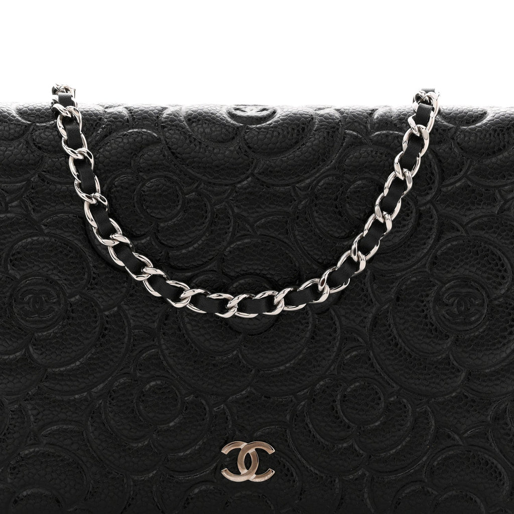 Chanel Caviar Camellia Embossed Wallet On Chain WOC Black