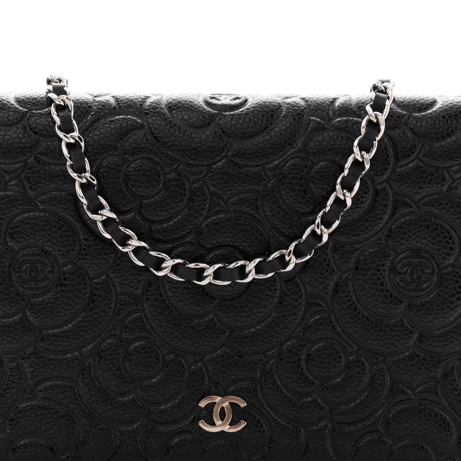 Chanel Caviar Camellia Embossed Wallet On Chain WOC Black