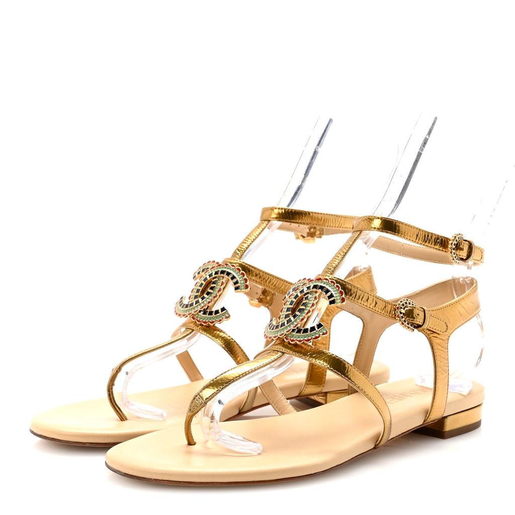 Laminated Lambskin Enamel CC Thong Sandals 38.5 Golden