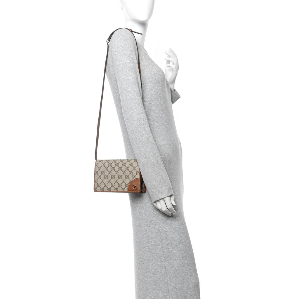 Gucci GG Supreme Monogram Textured Calfskin Emblem Super Mini Shoulder Bag Beige Dark Brown