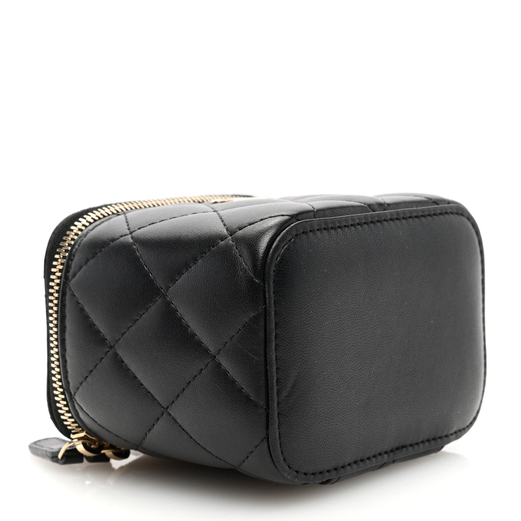 Chanel Lambskin Quilted Mini Vanity Case With Pearl Chain Black