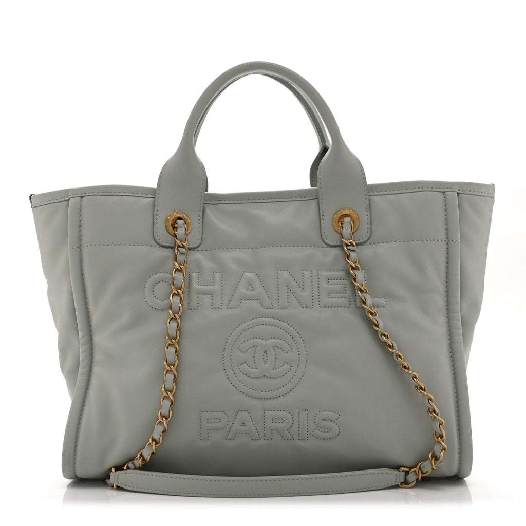 Chanel Calfskin Embossed Small Deauville Tote Light Blue
