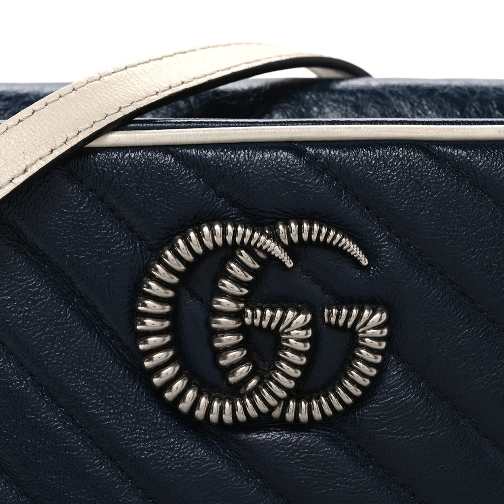 Gucci Vintage Effect Calfskin Matelasse Diagonal Small Torchon GG Marmont Chain Shoulder Bag Blue Agata Mystic White