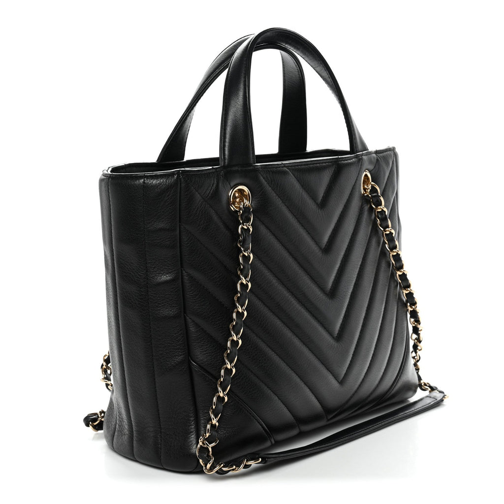 Chanel Calfskin Chevron Quilted Statement Shopping Tote Black