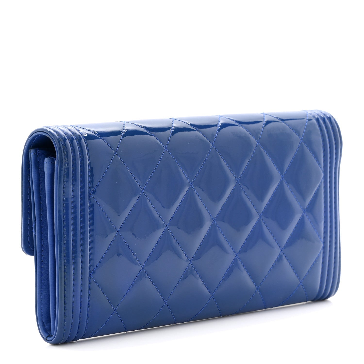 Patent Calfskin Quilted Boy Large Gusset Flap Wallet Blue