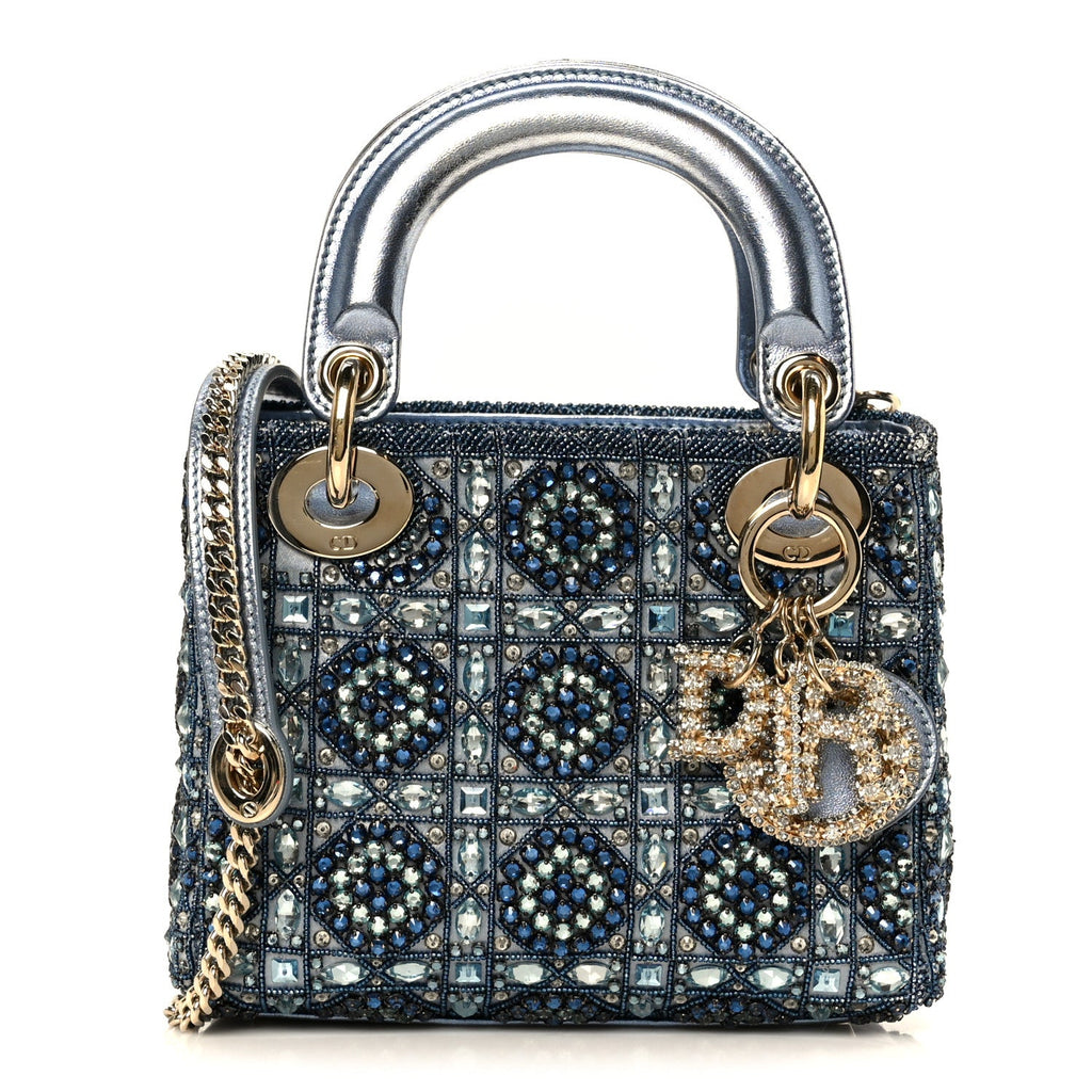Christian Dior Metallic Calfskin Satin Celestial Bead Embroidery Cannage Mini Lady Dior Blue