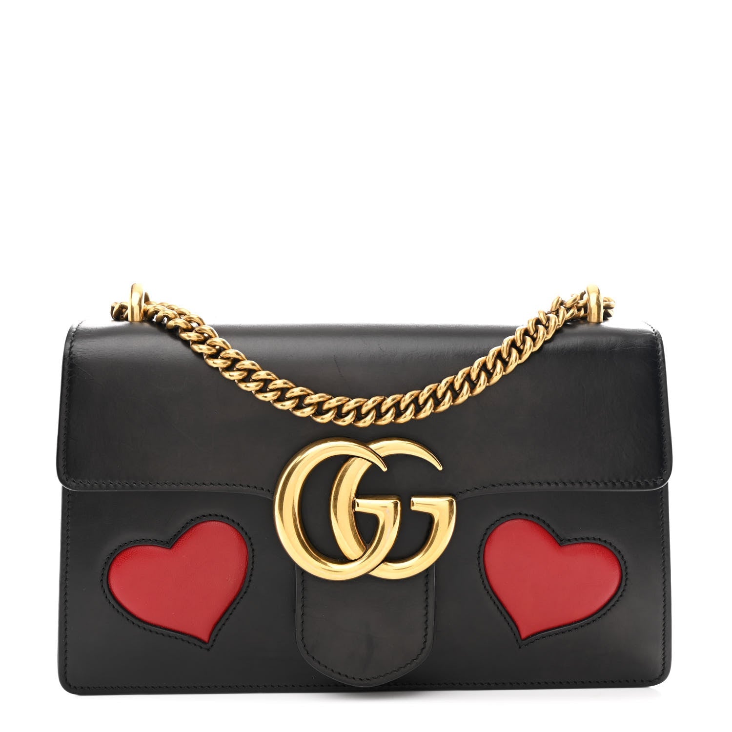 Gucci Knight Calfskin Malaga Kid Heart Medium GG Marmont Chain Handle Bag Black Hibiscus Red Multicolor