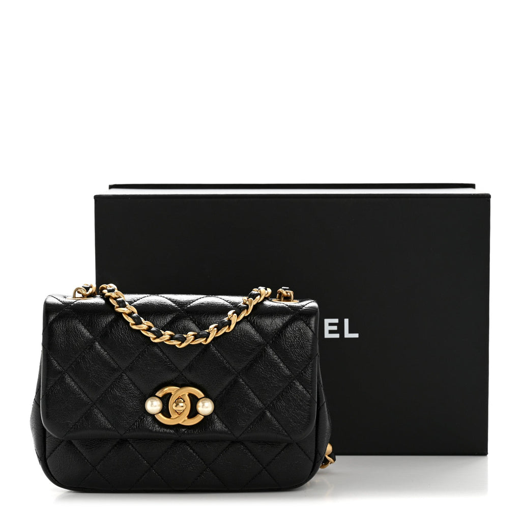 Chanel Glazed Calfskin Quilted Mini Pearl Side Flap Black