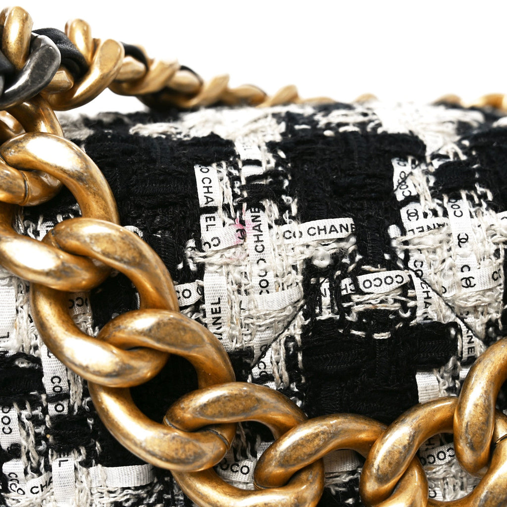 Chanel Tweed Quilted Large Chanel 19 Flap Black Ecru White