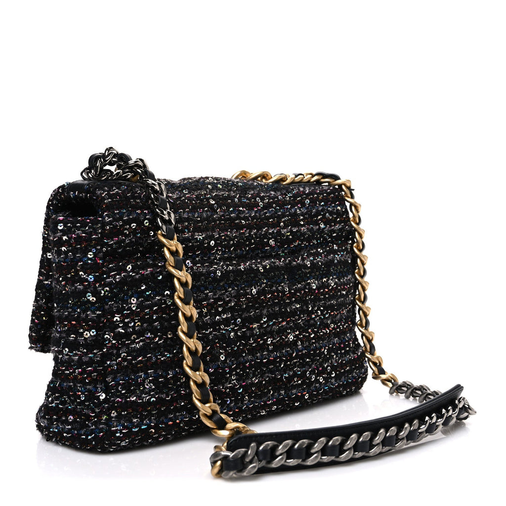 Chanel Tweed Sequin Quilted Medium Chanel 19 Flap Black Multicolor