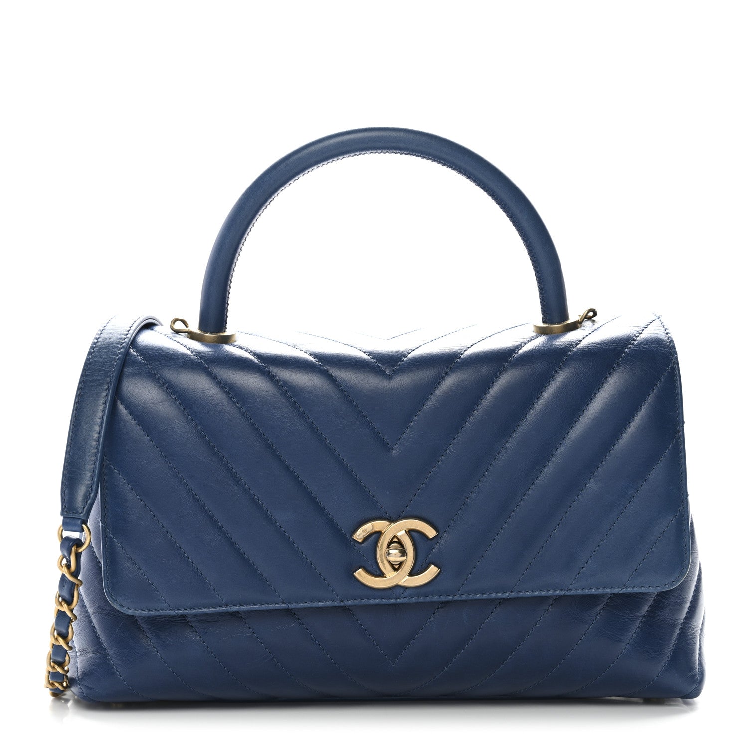 Chanel Aged Calfskin Chevron Quilted Small Coco Handle Flap Blue