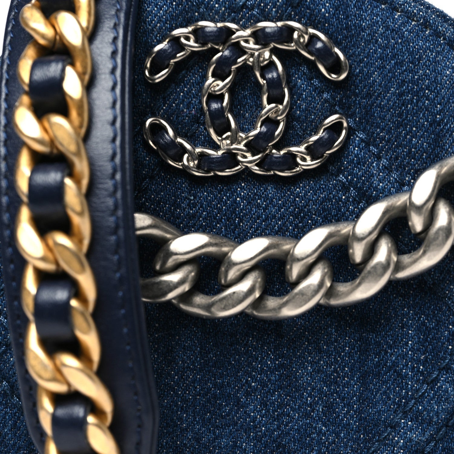Chanel Denim Quilted Chanel 19 Round Clutch With Chain Blue