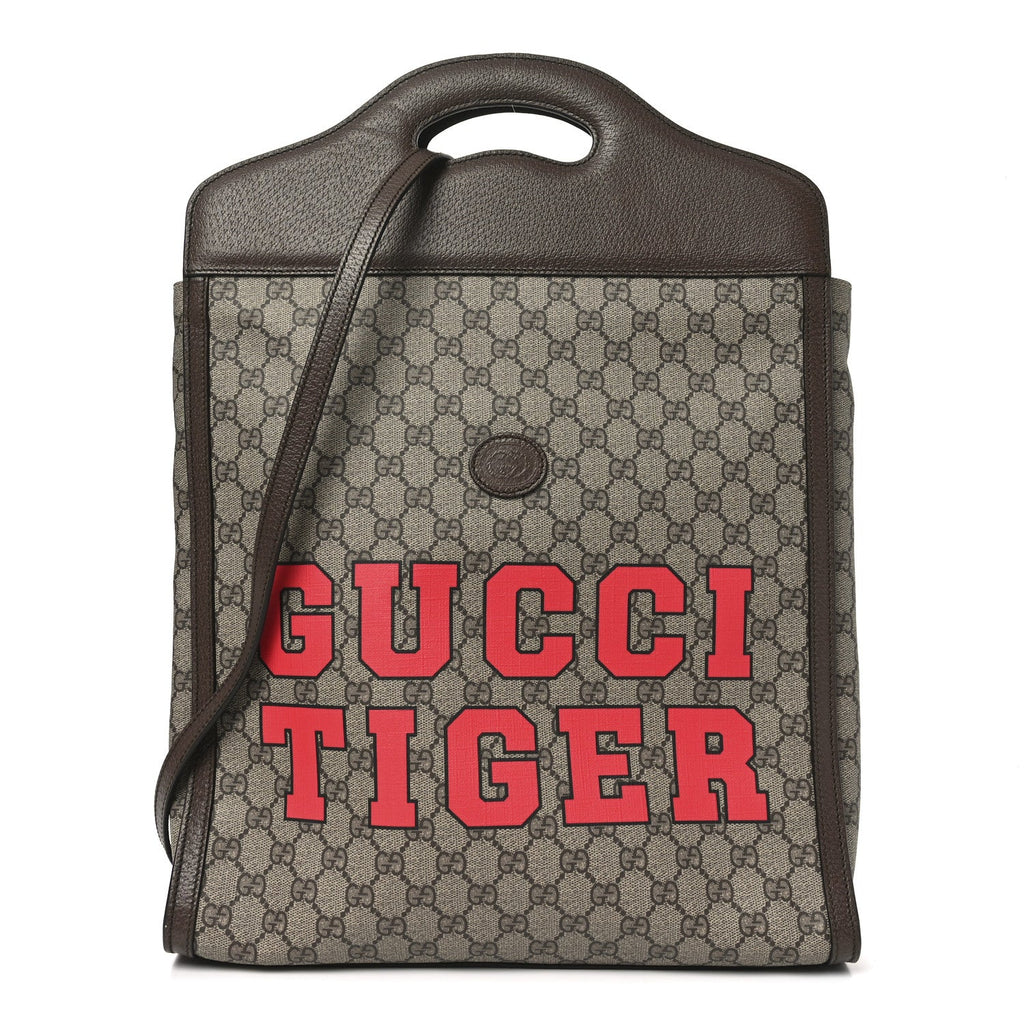 Gucci GG Supreme Monogram Textured Dollar Calfskin Web Gucci Tiger Slip Handle Tote Beige Ebony Live Red New Shamarock New Acero