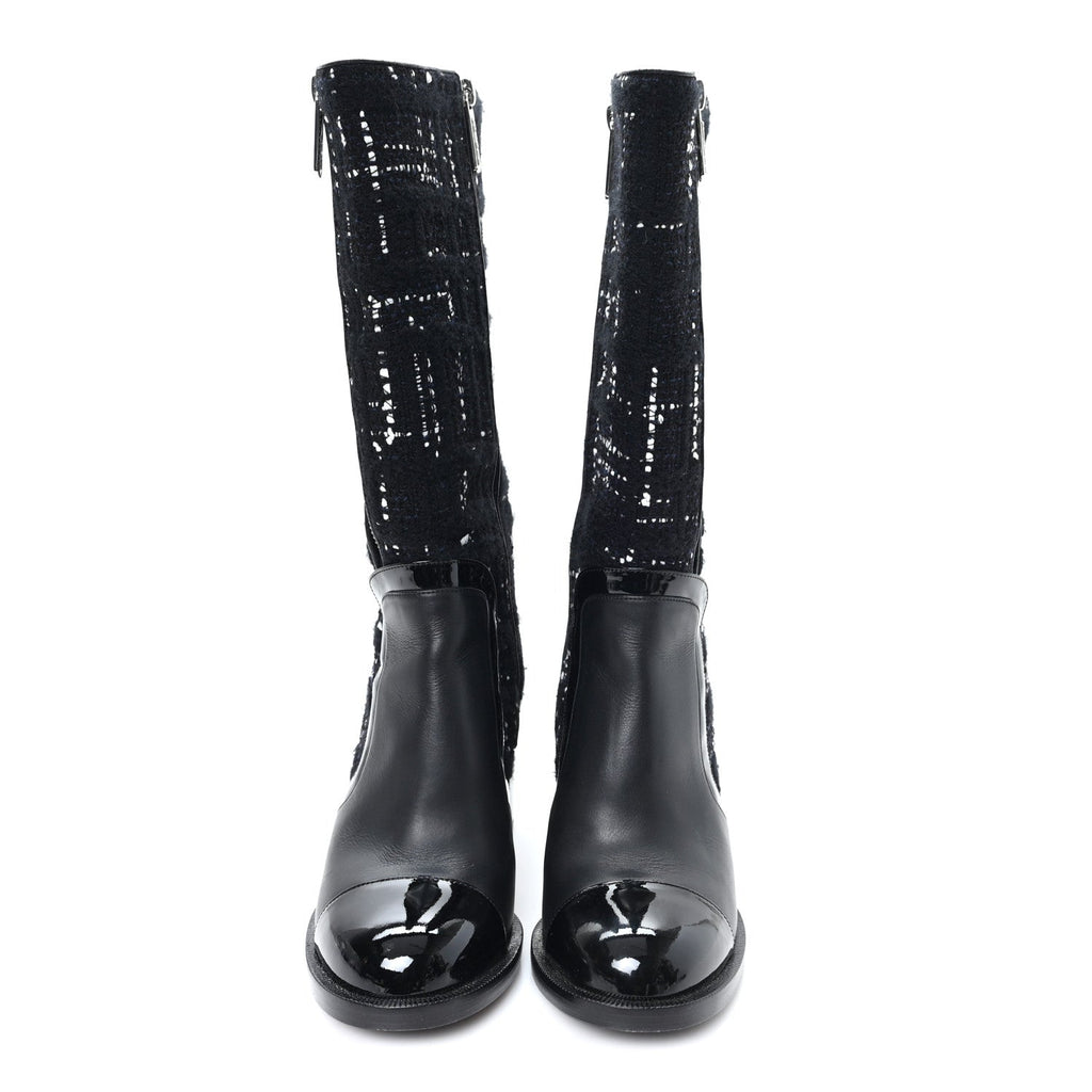 Chanel Tweed Calfskin Patent Cap Toe CC High Boots 37.5 Black Navy White