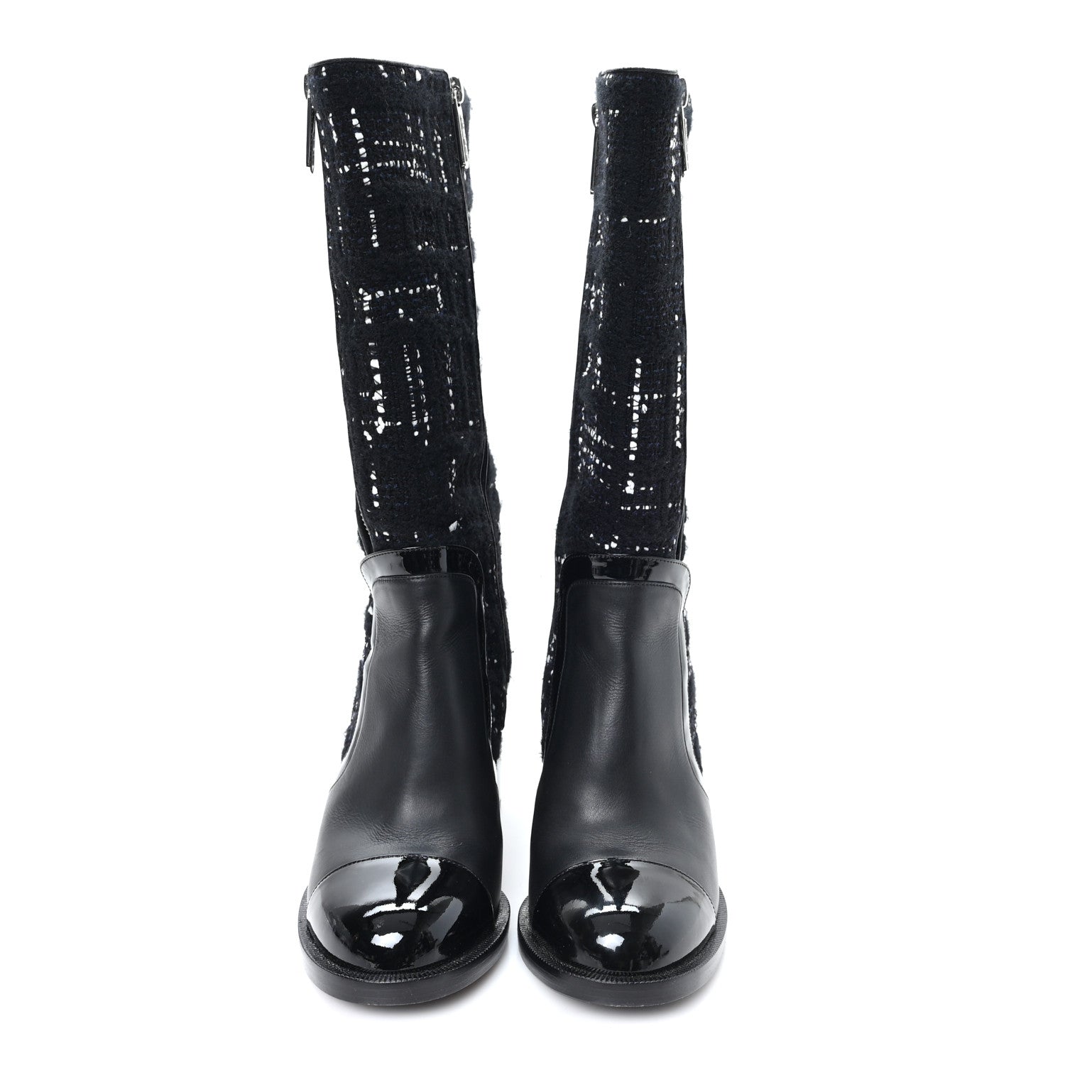 Chanel Tweed Calfskin Patent Cap Toe CC High Boots 37.5 Black Navy White