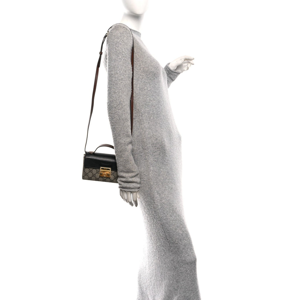 Gucci GG Supreme Monogram Calfskin Mini Padlock Top Handle Shoulder Bag Beige Black Cuir