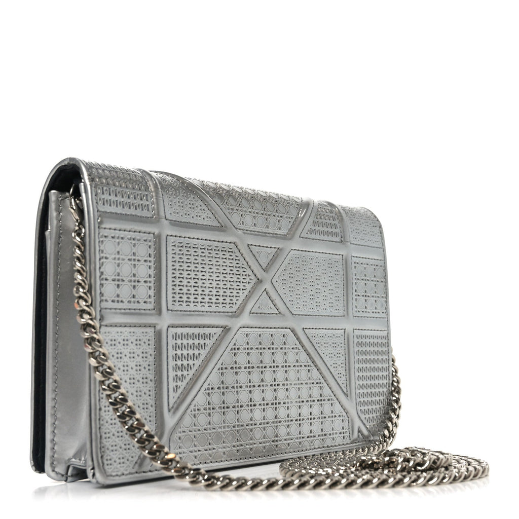 Christian Dior Metallic Patent Micro-Cannage Diorama Wallet on Chain Pouch Silver