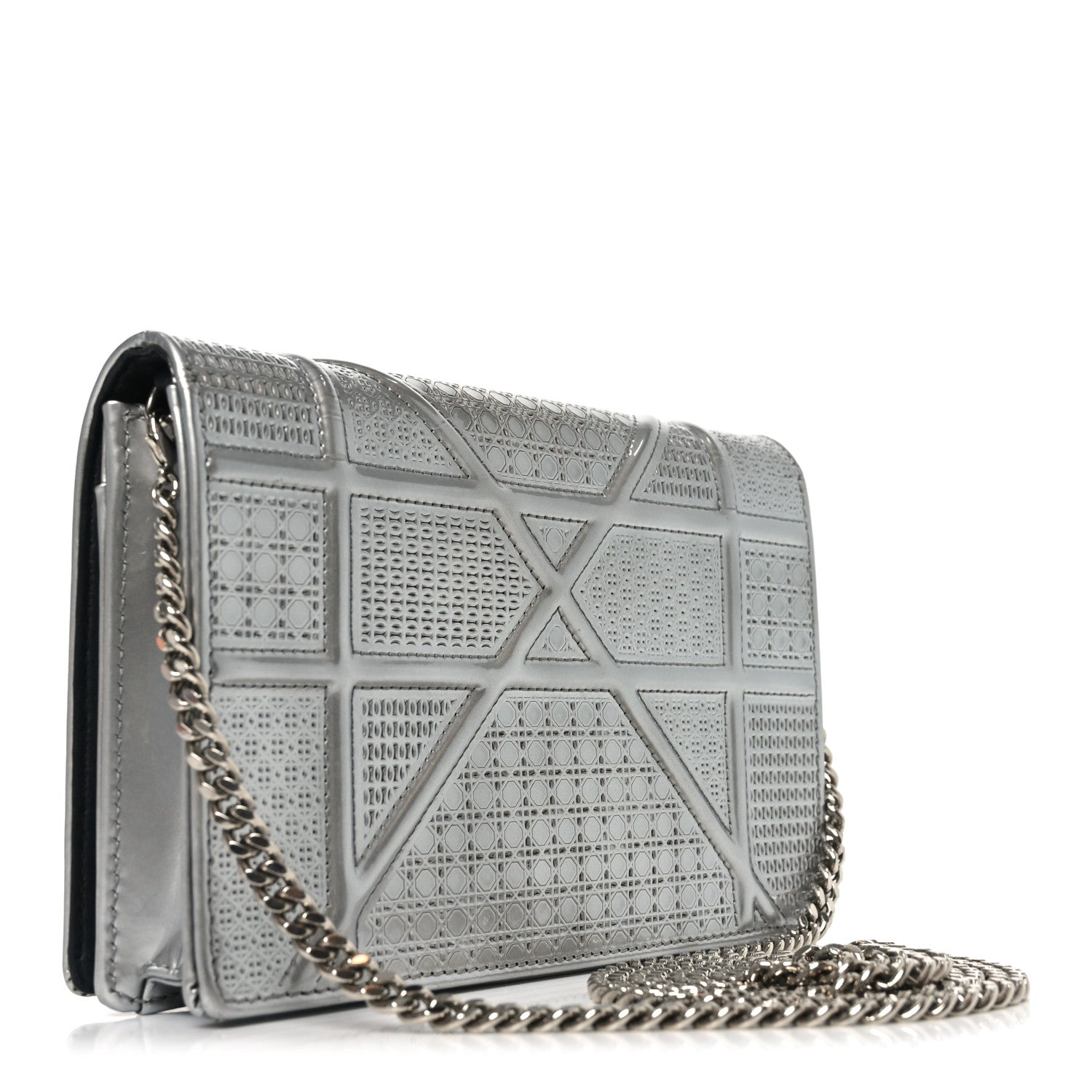Christian Dior Metallic Patent Micro-Cannage Diorama Wallet on Chain Pouch Silver