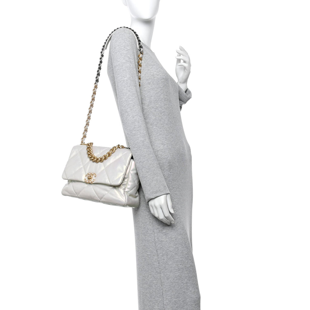 Chanel Iridescent Calfskin Quilted Large Chanel 19 Flap White