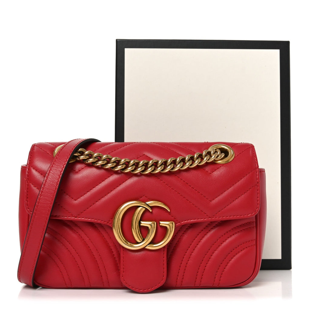 Gucci Calfskin Matelasse Small GG Marmont Shoulder Bag Hibiscus Red