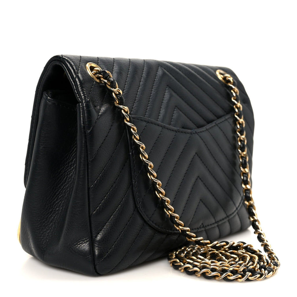 Chanel Calfskin Chevron Quilted Mini Rock The Corner Flap Black