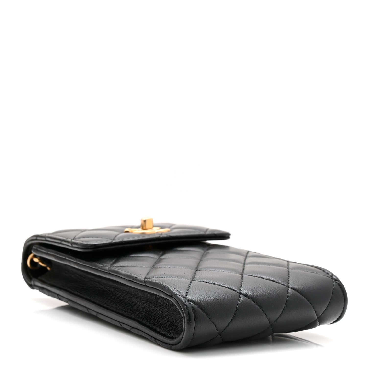 Lambskin Quilted Pearl Crush Phone Holder With Chain Black