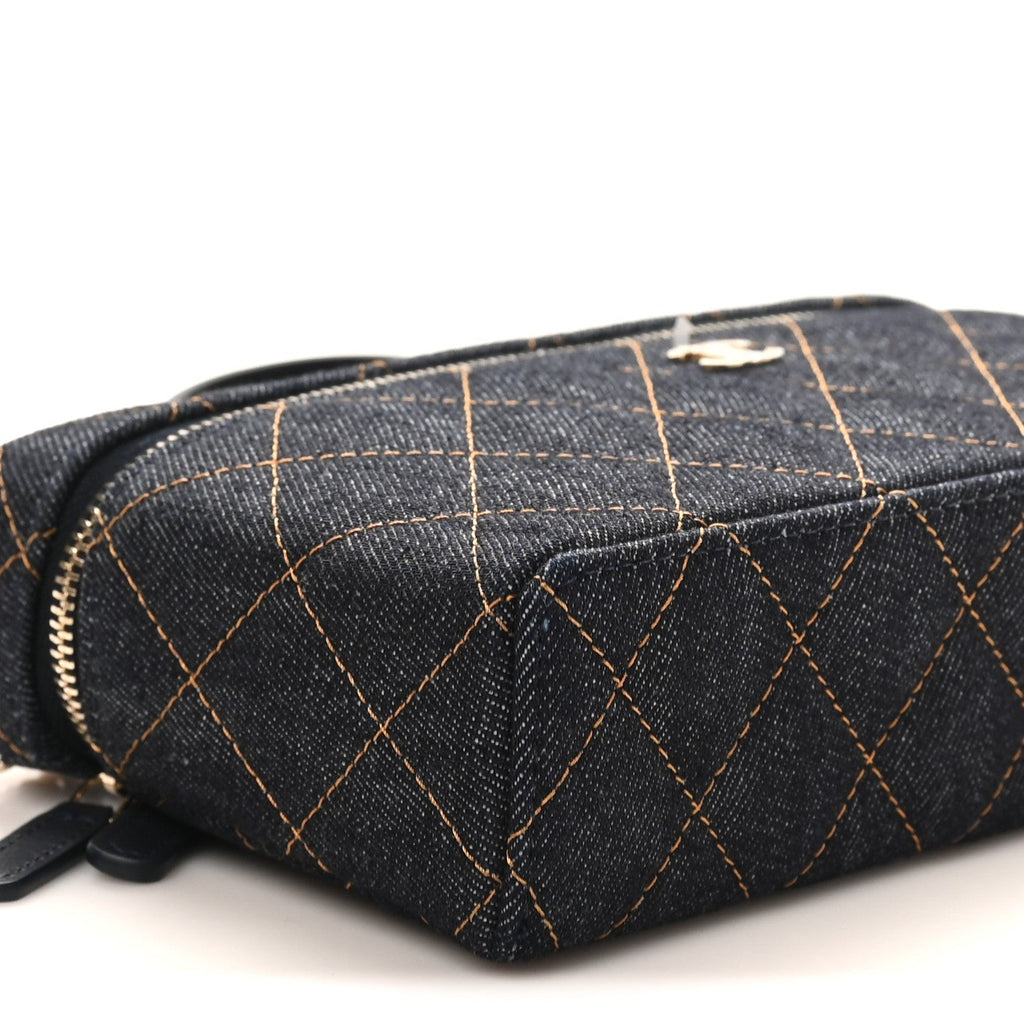 Chanel Denim Quilted Top Handle Slim Vanity Case With Chain Dark Blue Orange
