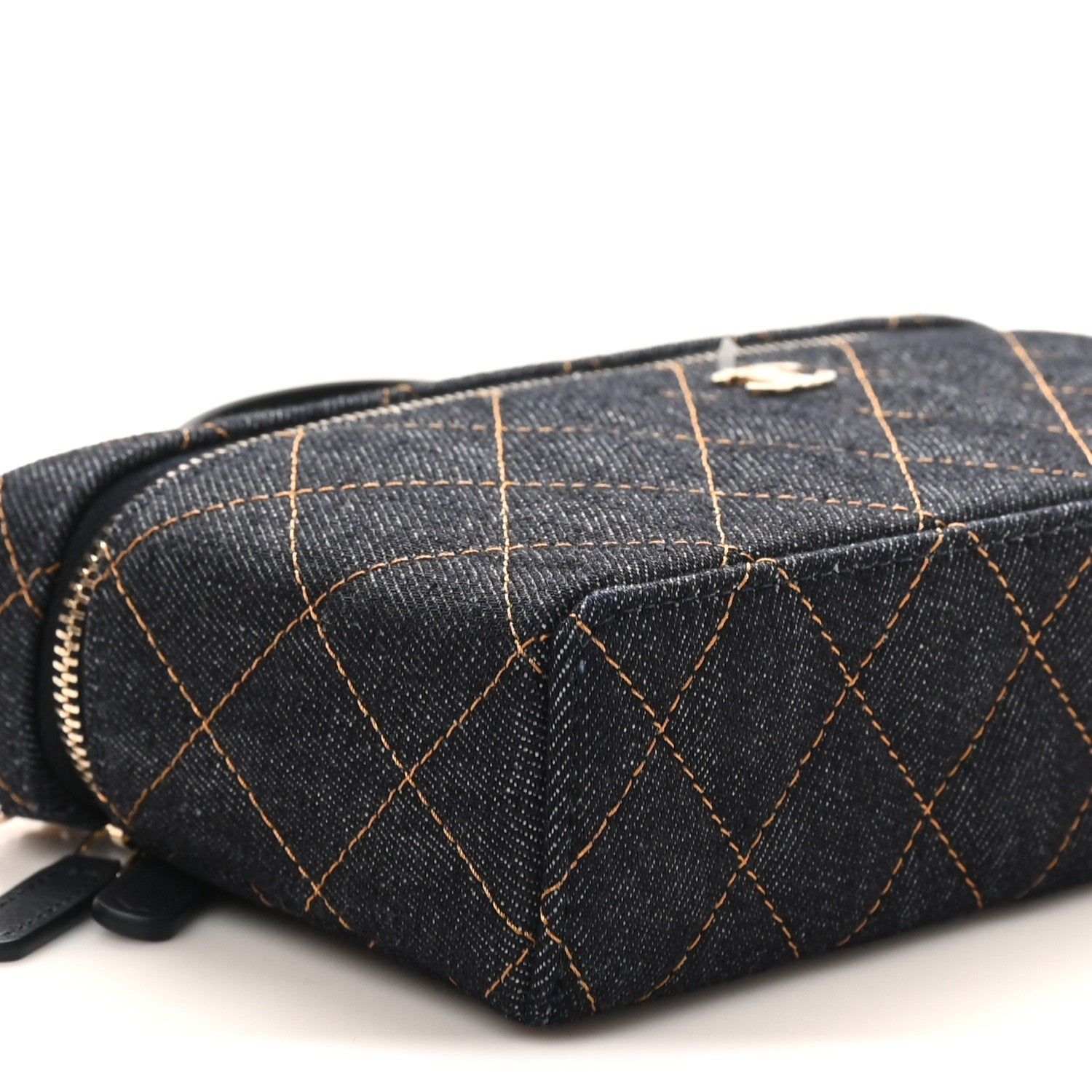 Chanel Denim Quilted Top Handle Slim Vanity Case With Chain Dark Blue Orange