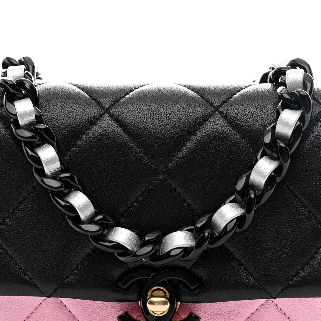 Chanel Lambskin Quilted Mini Lacquered Chain Flap Black Pink Beige Silver