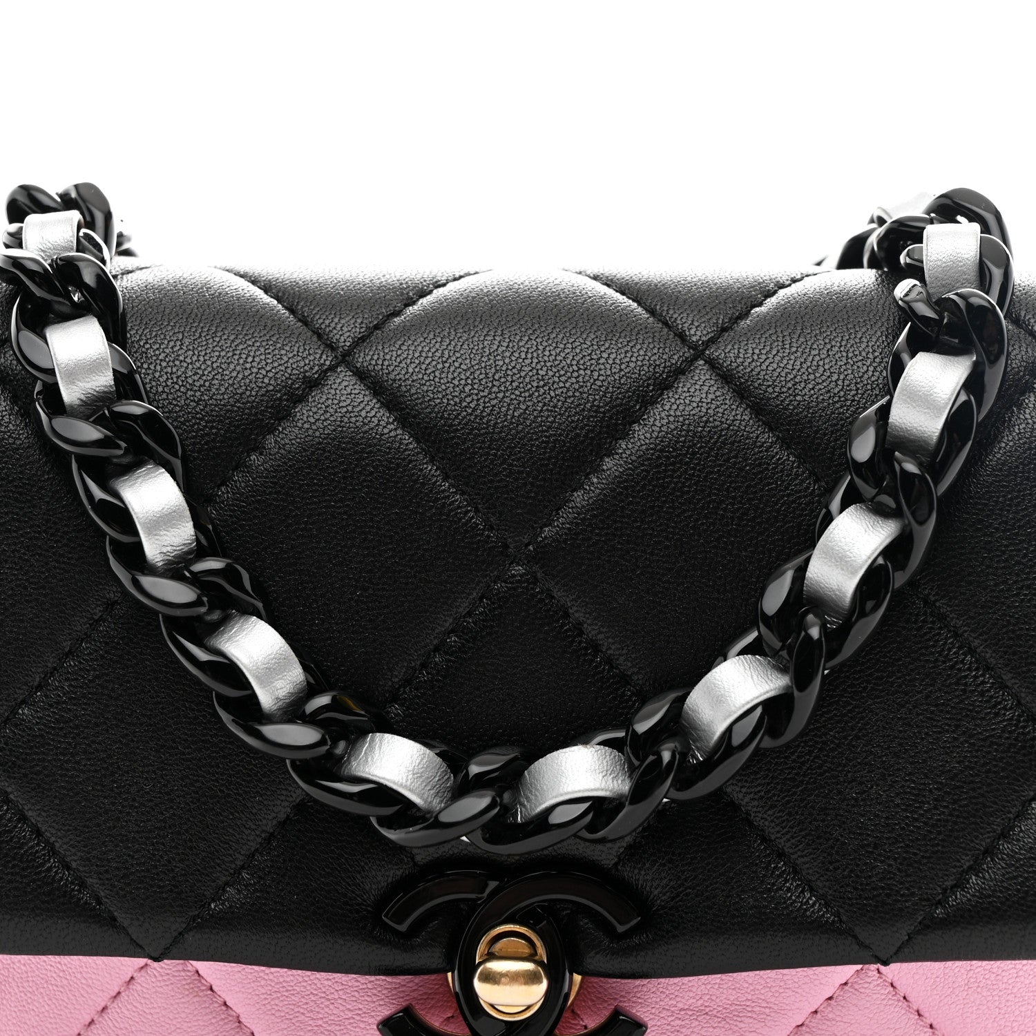 Chanel Lambskin Quilted Mini Lacquered Chain Flap Black Pink Beige Silver